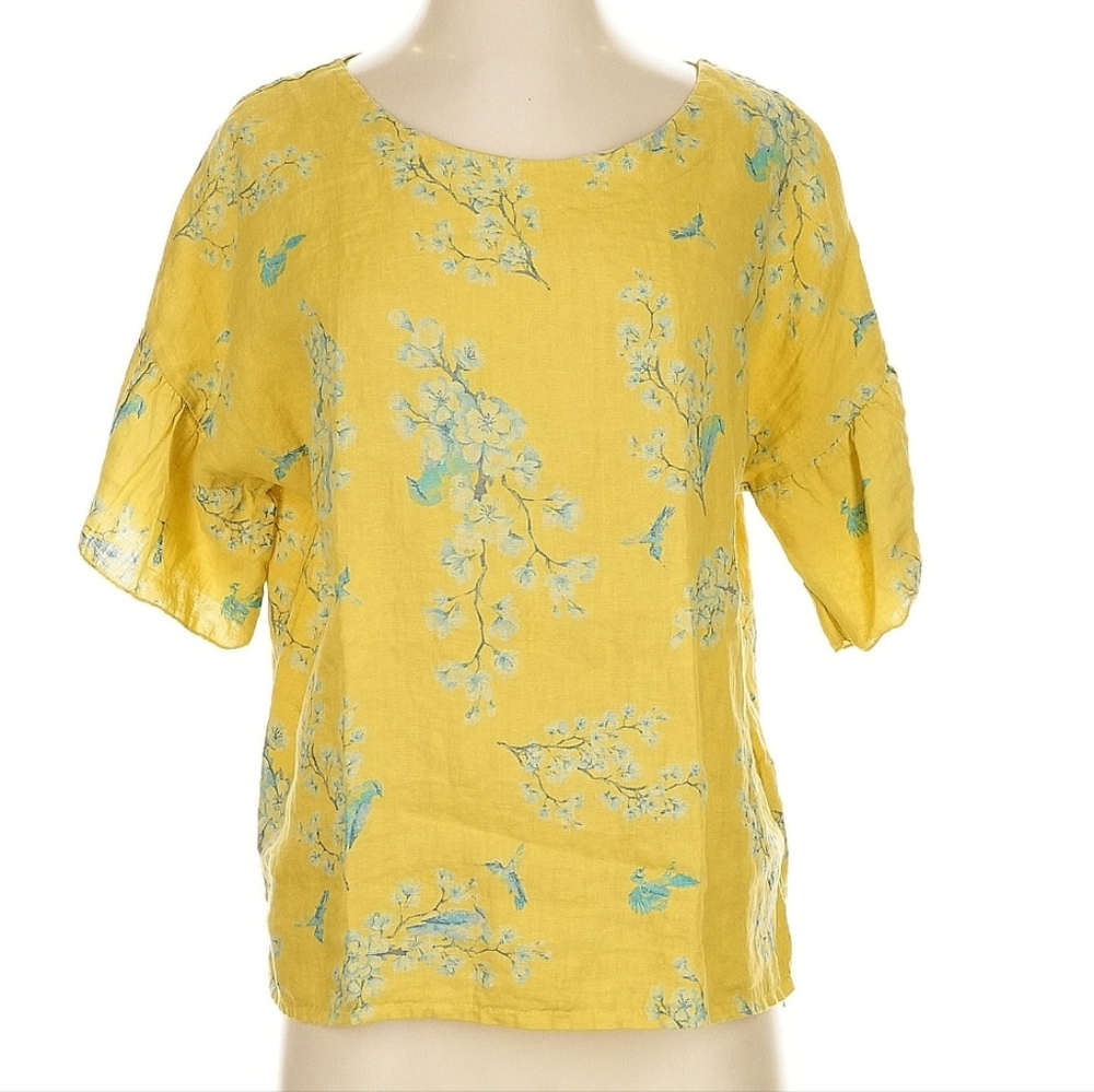 Bellambra 100% Linen Yellow Floral Bird Shirt Size Medium
